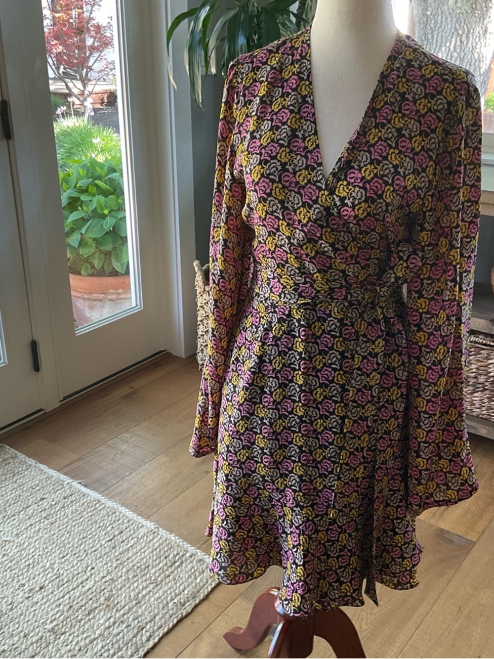 A.L.C. Floral Wrap Mini Dress in Black, Pink & Yellow